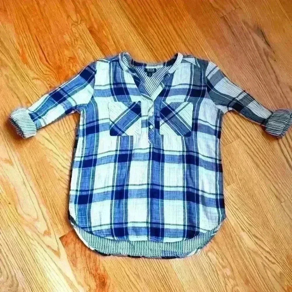 A.N.A. Blue Plaid Long Sleeve Top